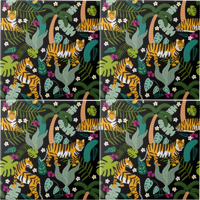 Tropical Tiger Black Botanle Safari Cats Fliese (Tropical Tiger Black Botanical Jungle Safari Cats Ceramic Tile)