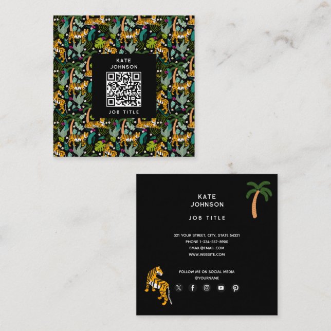 Tropical Tiger Black Botanle Safari Cats Quadratische Visitenkarte (Vorne/Hinten)