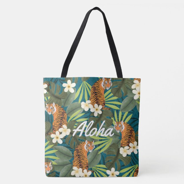 Tropical Tiger Hawaiian Palm Jungle Beach Bag Tasche (Vorderseite)