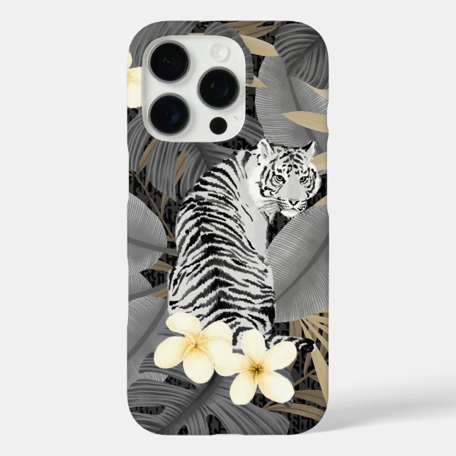 Tropical Tiger Hawaiian Palm Jungle Gray iPhone 16 Pro Hülle (Rückseite)