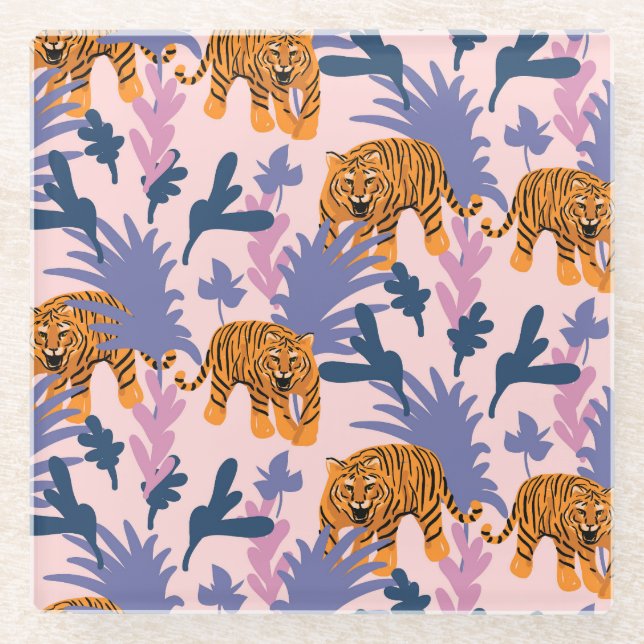 Tropical Tigers Jungle Vintag Pattern Glasuntersetzer (Vorderseite)
