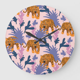 Tropical Tigers Jungle Vintag Pattern Große Wanduhr