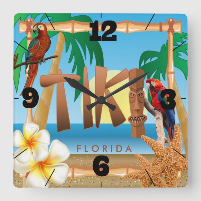 Tropical Tiki Design Quadratische Wanduhr (Vorderseite)