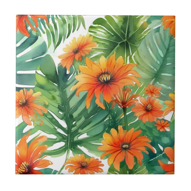 Tropical Tithonia Vibrannte Wasserfarbe Fliese (Vorderseite)