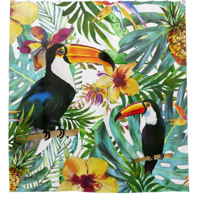 Tropical Toucan Paradise Palm Ananas Moderne Duschvorhang (Vorderseite)