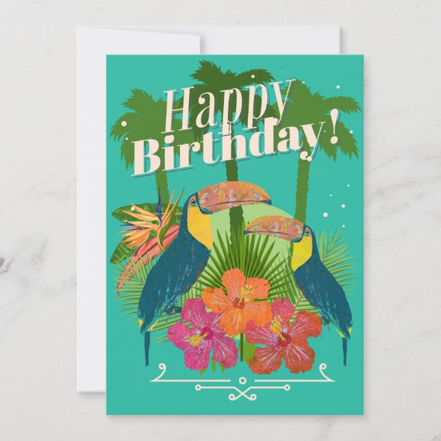Tropical Toucans Happy Birthday Grußkarte Dankeskarte (Vorderseite)