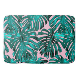 Tropical Turquoise Pink Monstera Jungle Leaves Badematte