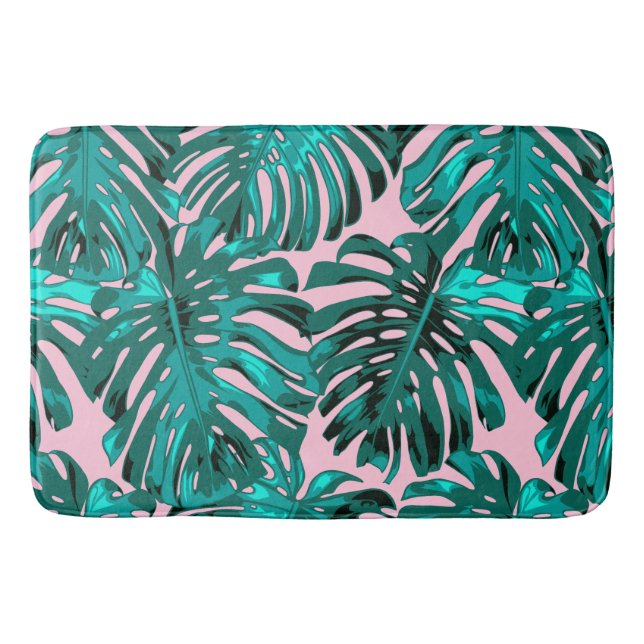 Tropical Turquoise Pink Monstera Jungle Leaves Badematte (Vorderseite)