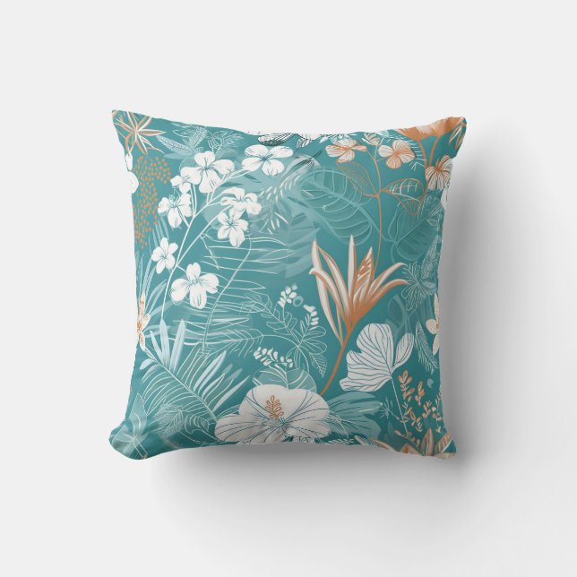 Tropical Turquoise & Terracotta Hibiscus Floral  Kissen (Vorderseite)
