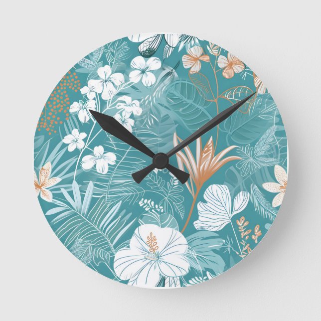 Tropical Turquoise & Terracotta Hibiscus Floral  Runde Wanduhr (Vorderseite)