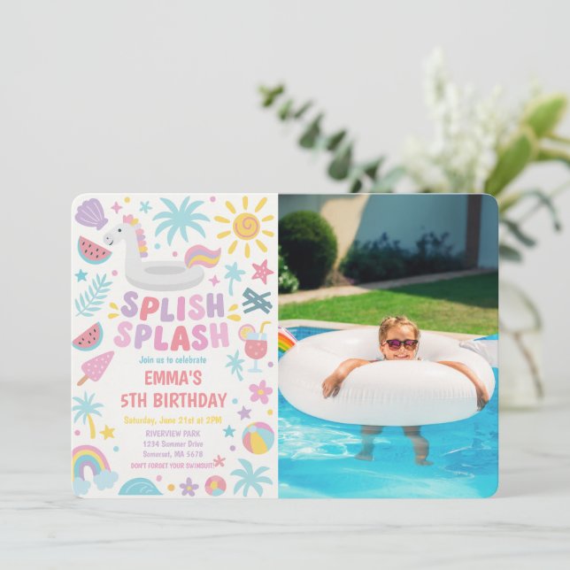 Tropical Unicorn Splash Birthday Foto Einladung (Stehend Vorderseite)