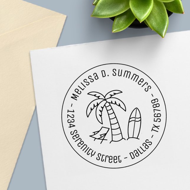Tropical Vacation Palm Surfboard Runde Adresse Permastempel (Von Creator hochgeladen)