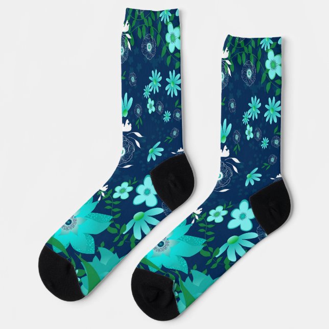 Tropical Vibes Girlie Floral Turquoise Navy Socken (Linkes Detail)