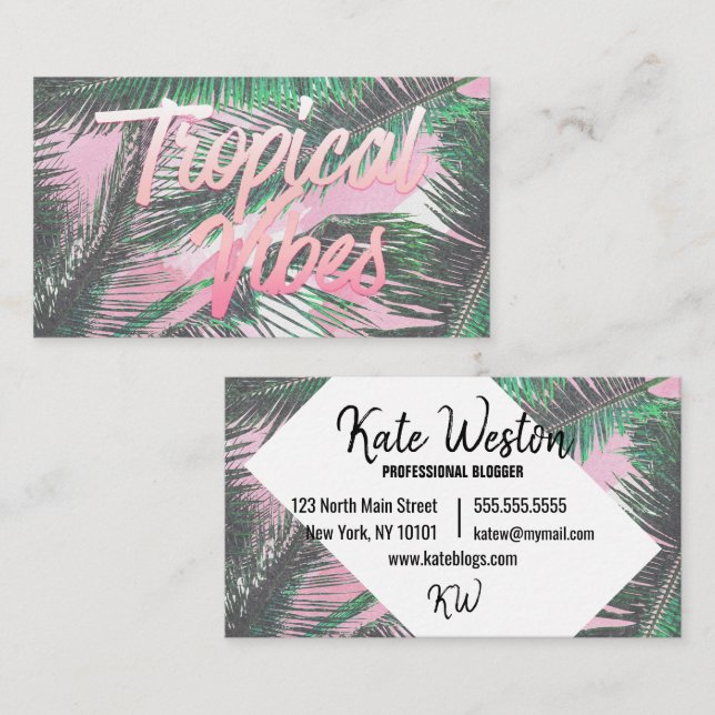 Tropical Vibes Typografy Pink Watercolor Palms Visitenkarte (Vorne/Hinten)