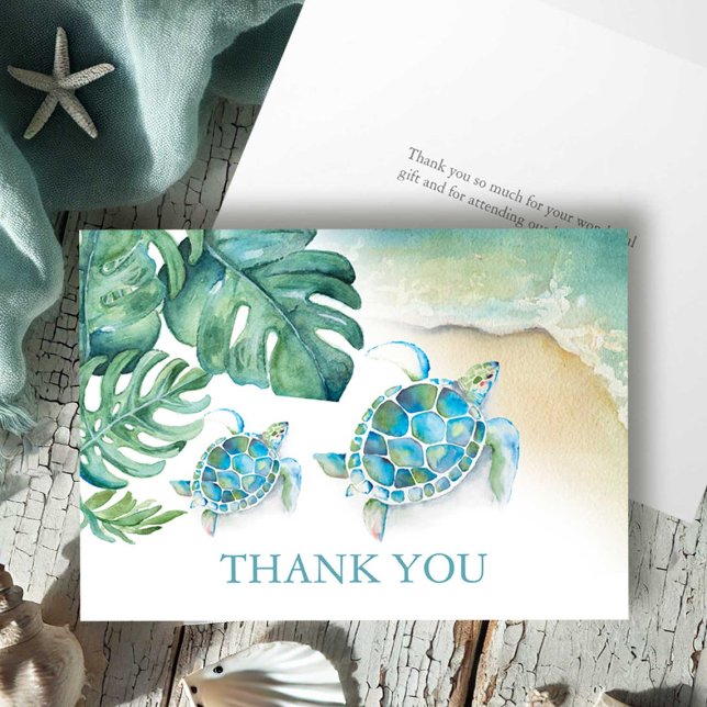 Tropical Vielen Dank Card Wasserfarbenschildkröte Dankeskarte (Thank you card features tropical watercolor sea turtle art by Victoria Grigaliunas of DoTellABelle)