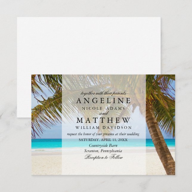Tropical Vintag Beach Shore Palm Wedding Einladung (Vorne/Hinten)