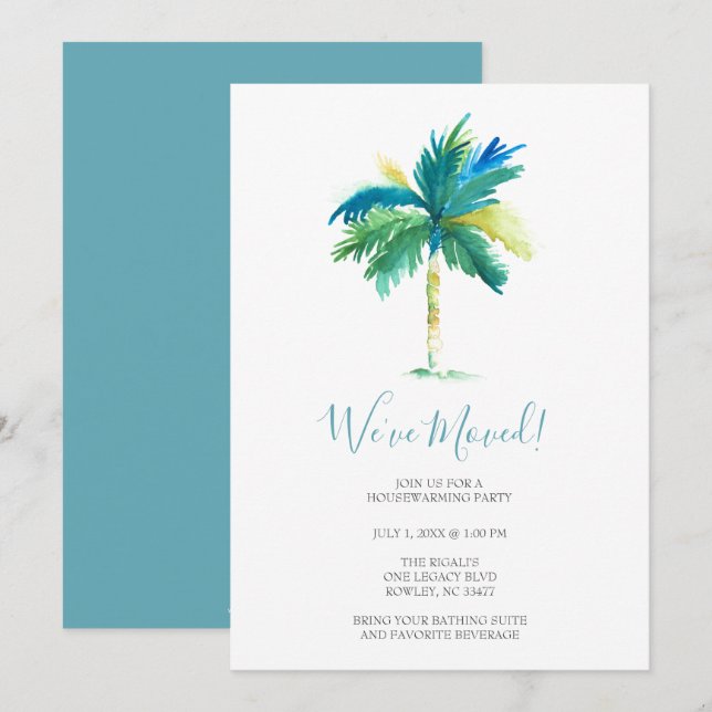 Tropical Watercolor Beach Housewarming Party Einladung (Vorne/Hinten)