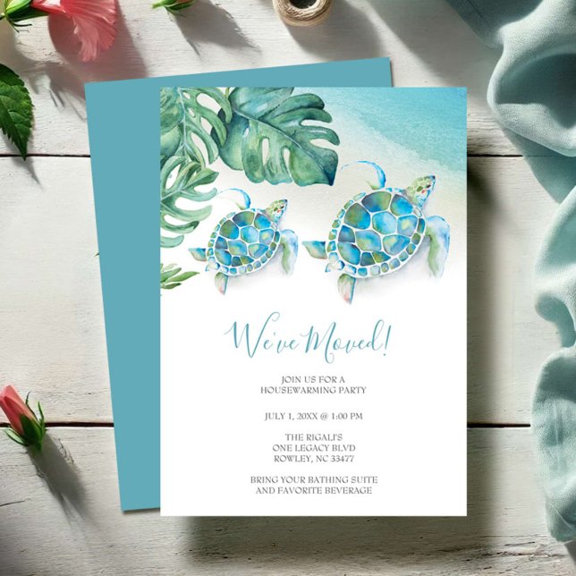Tropical Watercolor Beach Housewarming Party Einladung (New address moving announcement cards tropical beach seat turtle watercolor Victoria Grigaliunas)