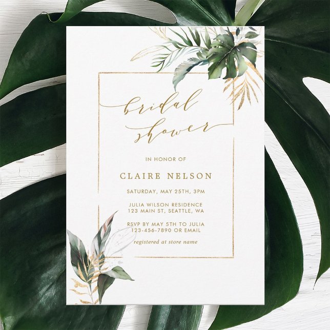 Tropical Watercolor Blätter Gold Brautparty Einladung (Von Creator hochgeladen)