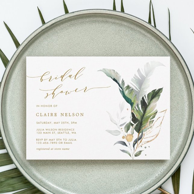 Tropical Watercolor Blätter Gold Brautparty Einladung (Von Creator hochgeladen)