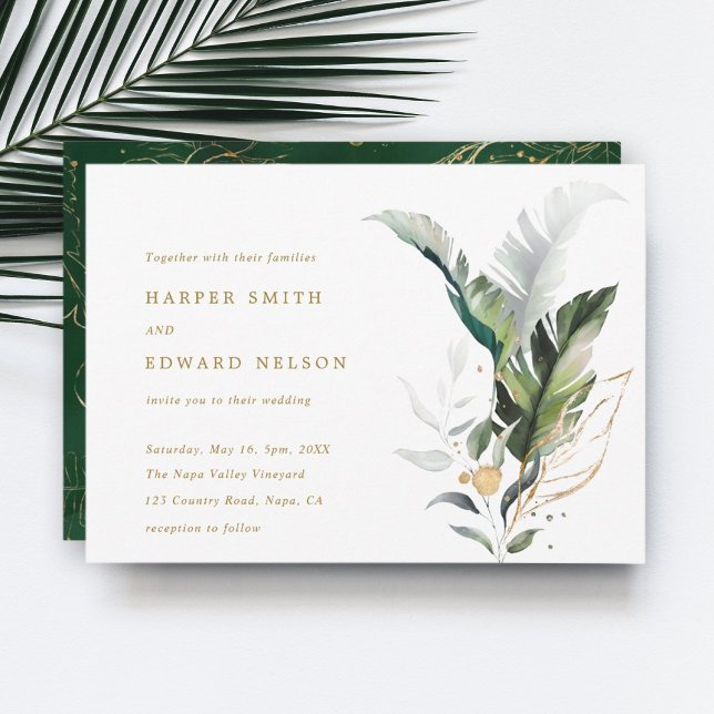Tropical Watercolor Blätter Gold Wedding Einladung (Von Creator hochgeladen)