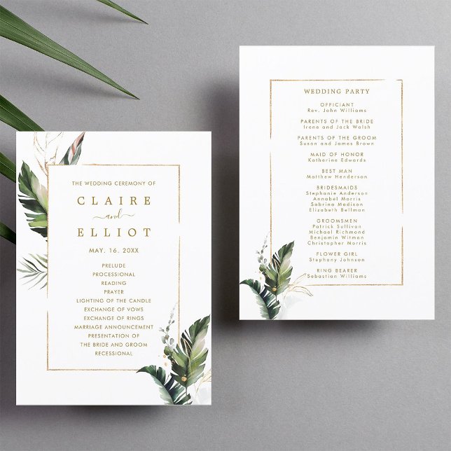 Tropical Watercolor Blätter Goldene Hochzeit Programm (Front & Back)