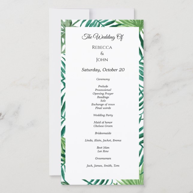Tropical Watercolor Blätter Wedding Program Card (Vorderseite)