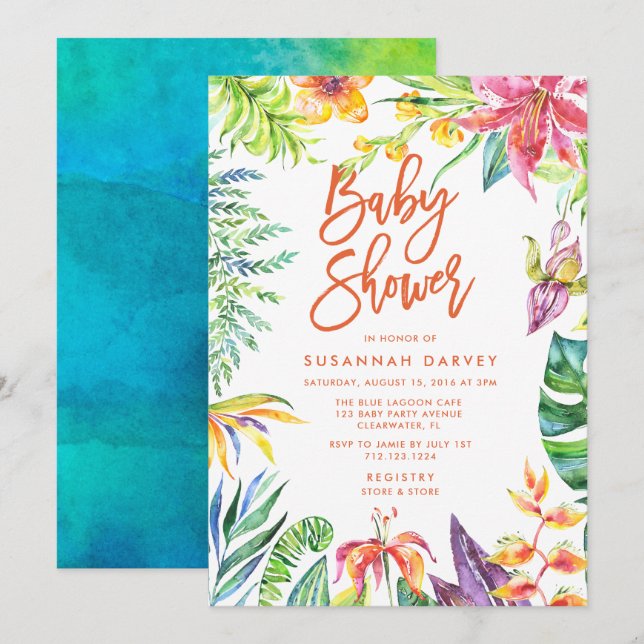 Tropical Watercolor Calligraphy Babydusche Einladung (Vorne/Hinten)