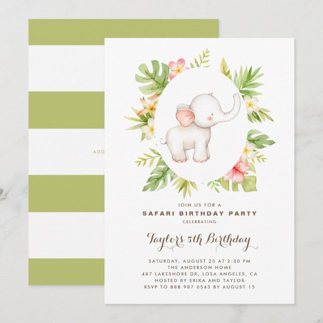 Tropical Watercolor Elephant Safari Kindergeburtst Einladung (Vorne/Hinten)
