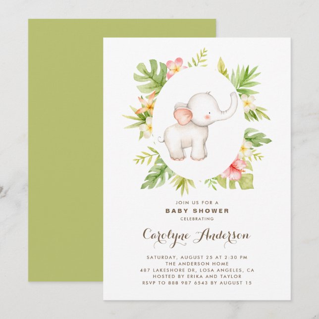 Tropical Watercolor Elephant Summer Baby Dusche Einladung (Vorne/Hinten)