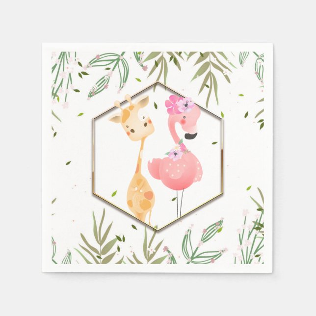 Tropical Watercolor Flamingo & Giraffe Kinderdusch Serviette (Vorderseite)