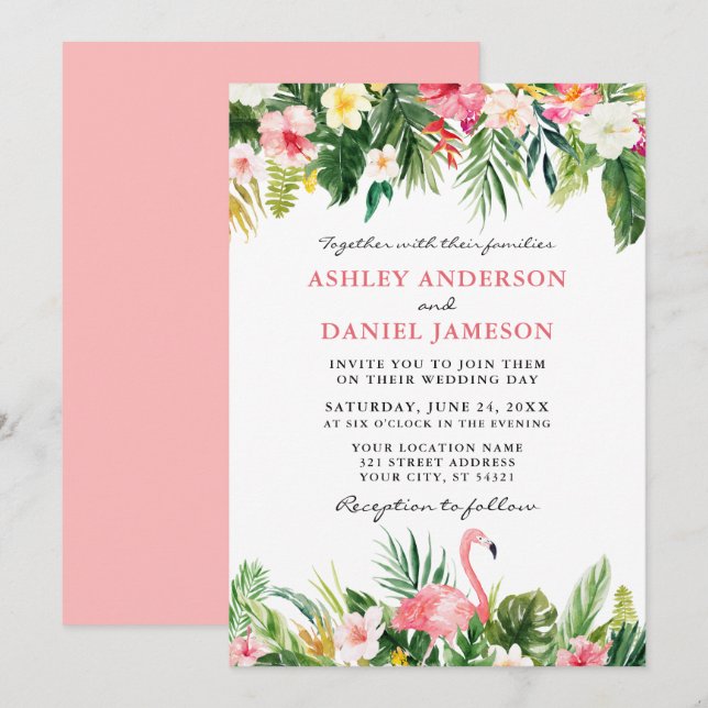 Tropical Watercolor Flamingo Wedding Pink Einladung (Vorne/Hinten)