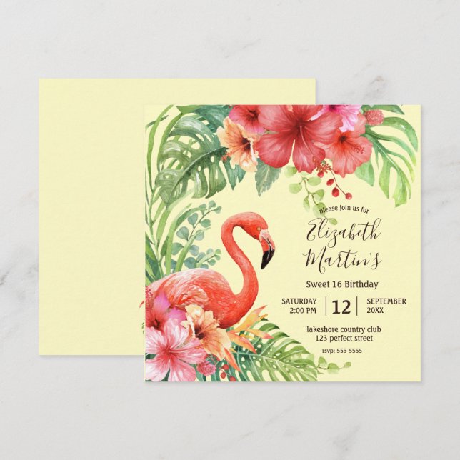 Tropical Watercolor Flamingos & Hibiskus Geburtsta Einladung (Vorne/Hinten)
