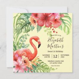 Tropical Watercolor Flamingos & Hibiskus Geburtsta Einladung