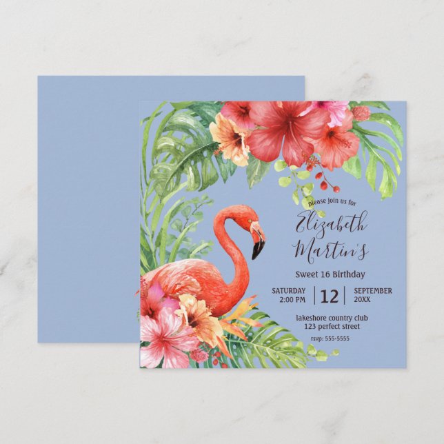 Tropical Watercolor Flamingos & Hibiskus Geburtsta Einladung (Vorne/Hinten)