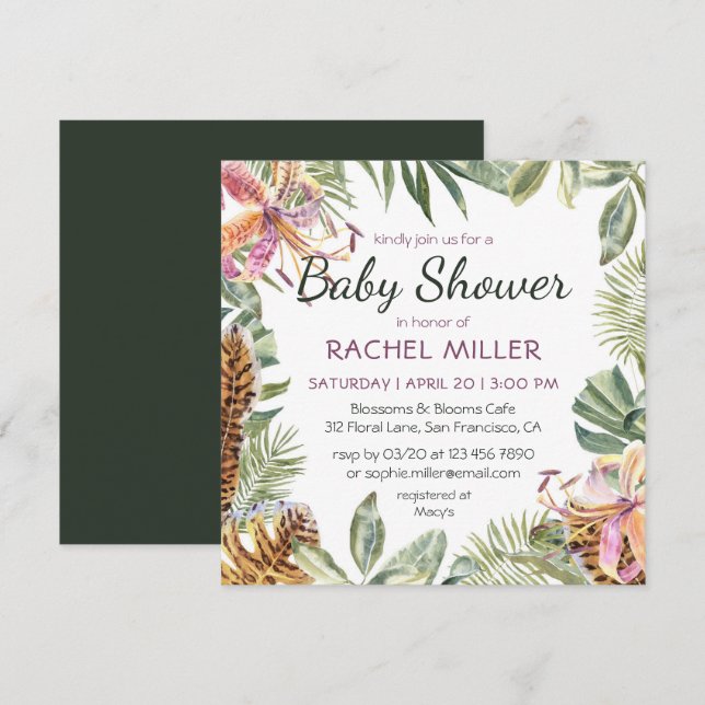Tropical Watercolor Floral Baby Dusche Einladung (Vorne/Hinten)