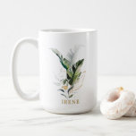 Tropical Watercolor Foliage Gold Script Kaffeetasse<br><div class="desc">Diese personalisierte Kaffee-Tasse mit tropischem,  wasserfarbenem Blattwerk mit goldenen Blätter Akzenten. >>>> Karo aus der gesamten Auflistung >>> https://www.zazzle.com/collections/tropical_foliage_gold_collection-119316977990783186</div>