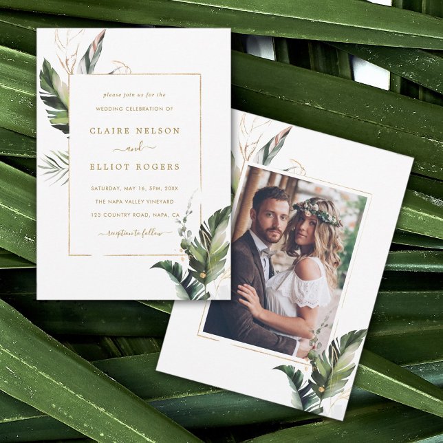 Tropical Watercolor Foliage Gold Wedding Foto Einladung (Von Creator hochgeladen)