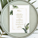 Tropical Watercolor Foliage Gold Wedding Menu Menükarte<br><div class="desc">Dieses Hochzeitsmenü bietet tropisches tropisches Wasser, Monstera-Blätter, Palmenblättern, Bananenblättern mit goldfarbenem Rechteck. Es ist ideal für einen Strand, Sommer oder Hochzeit in Urlaubsort. >>>> Karo aus der gesamten Auflistung >>> https://www.zazzle.com/collections/tropical_foliage_gold_collection-119316977990783186</div>