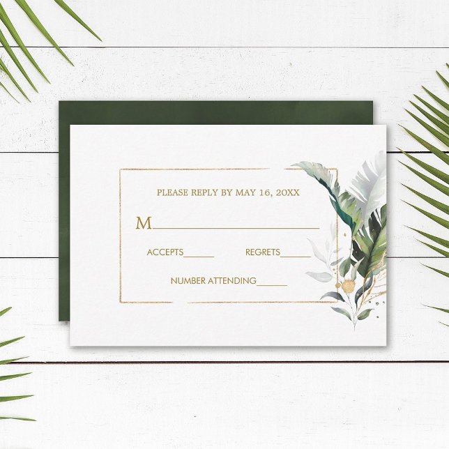 Tropical Watercolor Foliage Gold Wedding RSVP Card (Von Creator hochgeladen)
