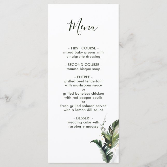 Tropical Watercolor Foliage Wedage Menu Menükarte (Vorderseite)