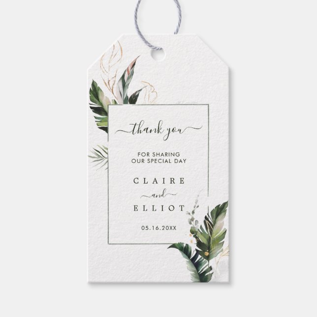 Tropical Watercolor Foliage Wedding Vielen Dank Geschenkanhänger (Vorderseite)