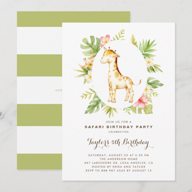 Tropical Watercolor Giraffe Safari Kindergeburtsta Einladung (Vorne/Hinten)