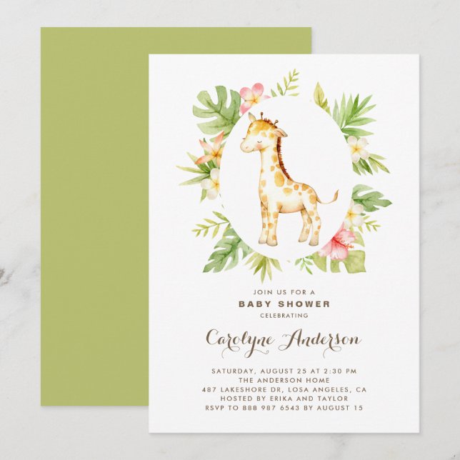 Tropical Watercolor Giraffe Summer Baby Dusche Einladung (Vorne/Hinten)