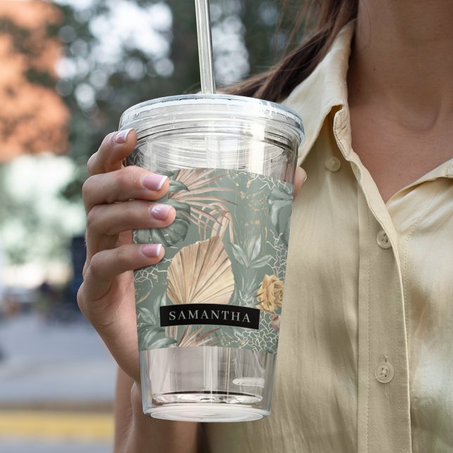 Tropical Watercolor Gold & Green Blätter Muster Acryltrinkbecher (Von Creator hochgeladen)