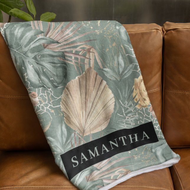 Tropical Watercolor Gold & Green Blätter Muster Fleecedecke (Von Creator hochgeladen)