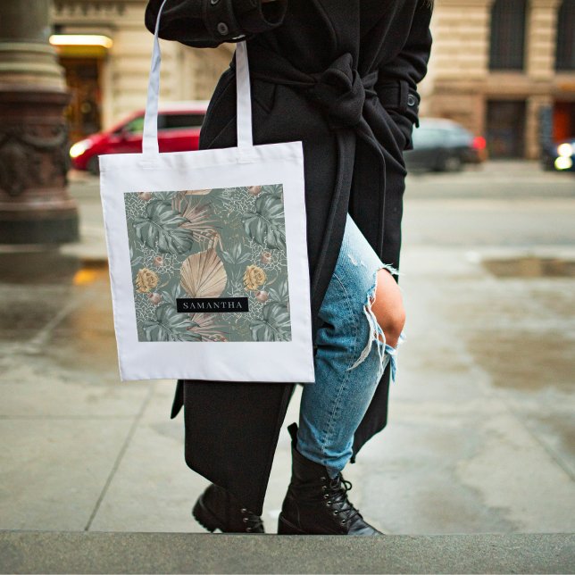 Tropical Watercolor Gold & Green Blätter Muster Tragetasche (Von Creator hochgeladen)