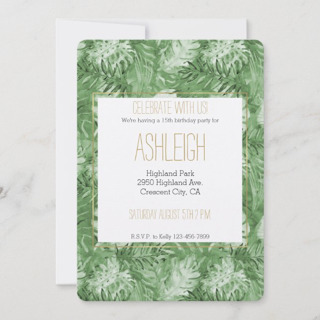 Tropical Watercolor Green Blätter Birthday Einladung (Vorderseite)