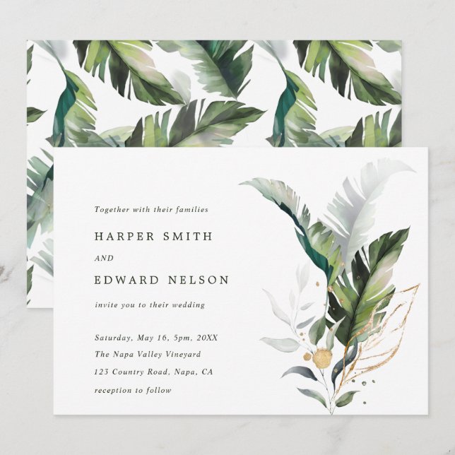 Tropical Watercolor Green Blätter Wedding Einladung (Vorne/Hinten)