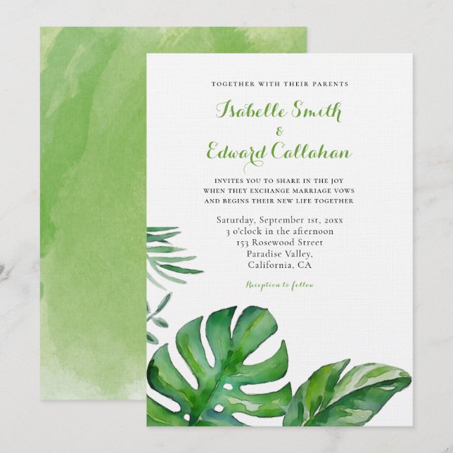 Tropical Watercolor Green Monstera Blätter Hochzei Einladung (Vorne/Hinten)
